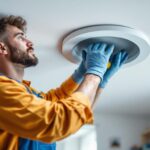 A photograph of a professional lighting contractor installing a 6-inch pot light trim in a modern home setting