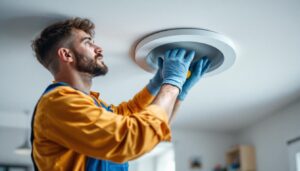 A photograph of a professional lighting contractor installing a 6-inch pot light trim in a modern home setting
