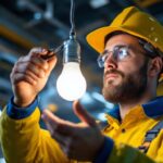 A photograph of a lighting contractor inspecting a ballast light bulb installation in a commercial setting