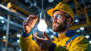 A photograph of a lighting contractor inspecting a ballast light bulb installation in a commercial setting