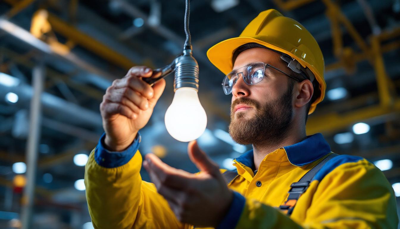 A photograph of a lighting contractor inspecting a ballast light bulb installation in a commercial setting