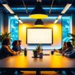 A photograph of a well-lit conference room featuring modern lighting fixtures