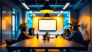 A photograph of a well-lit conference room featuring modern lighting fixtures