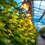 A photograph of a well-lit greenhouse showcasing vibrant plants under energy-efficient led lights