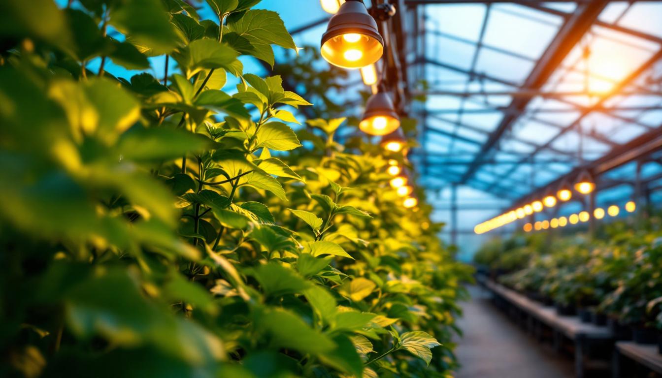 A photograph of a well-lit greenhouse showcasing vibrant plants under energy-efficient led lights