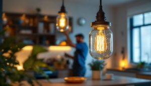 A photograph of a beautifully designed jelly jar light fixture in a stylish home setting