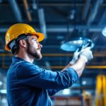 A photograph of a lighting contractor installing led high bay fixtures in a commercial space