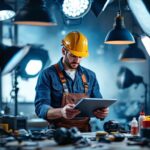 A photograph of a skilled lighting contractor at work