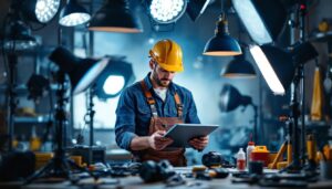 A photograph of a skilled lighting contractor at work