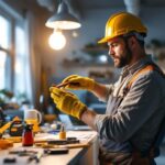 A photograph of a lighting contractor in action
