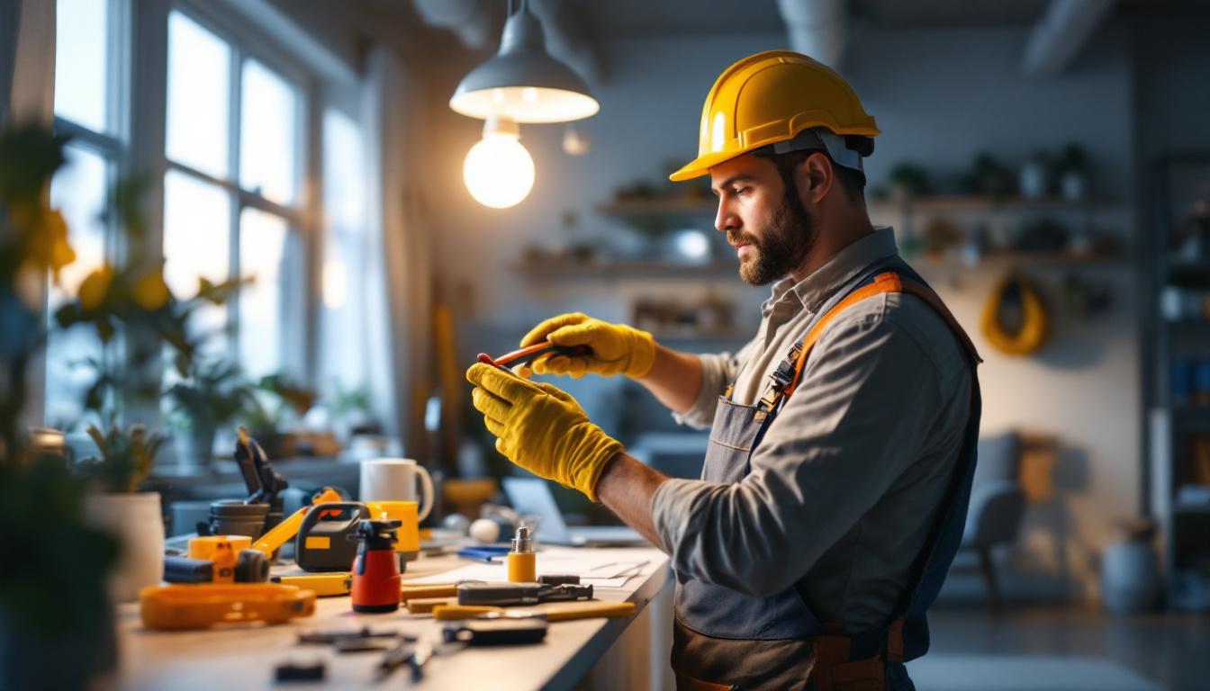 A photograph of a lighting contractor in action
