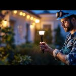 A photograph of a lighting contractor installing led outside solar lights in a residential garden
