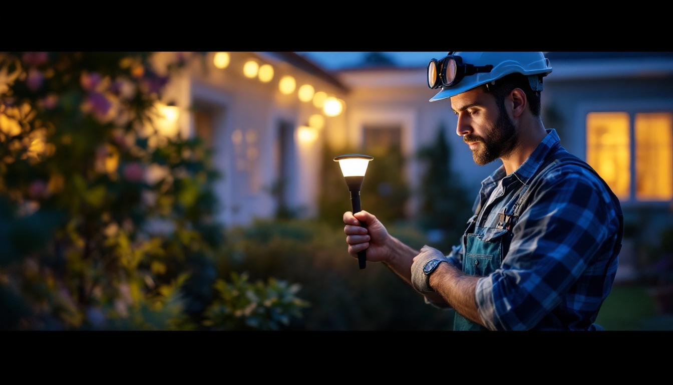 A photograph of a lighting contractor installing led outside solar lights in a residential garden
