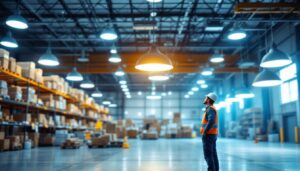 A photograph of a well-lit warehouse interior showcasing various types of energy-efficient light fixtures in use