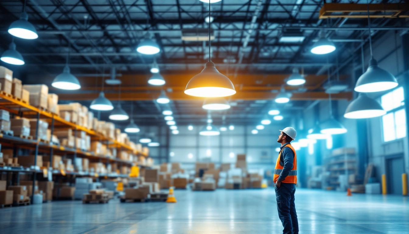 A photograph of a well-lit warehouse interior showcasing various types of energy-efficient light fixtures in use