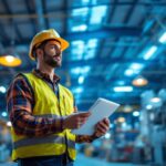 A photograph of a skilled lighting contractor inspecting a well-lit commercial industrial space