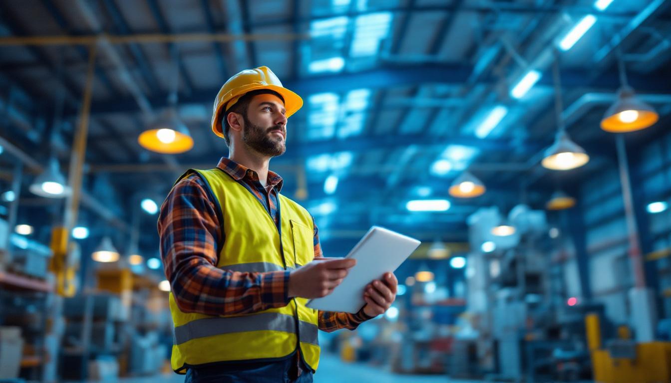 A photograph of a skilled lighting contractor inspecting a well-lit commercial industrial space