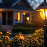 A photograph of a beautifully illuminated mailbox post light in a serene evening setting