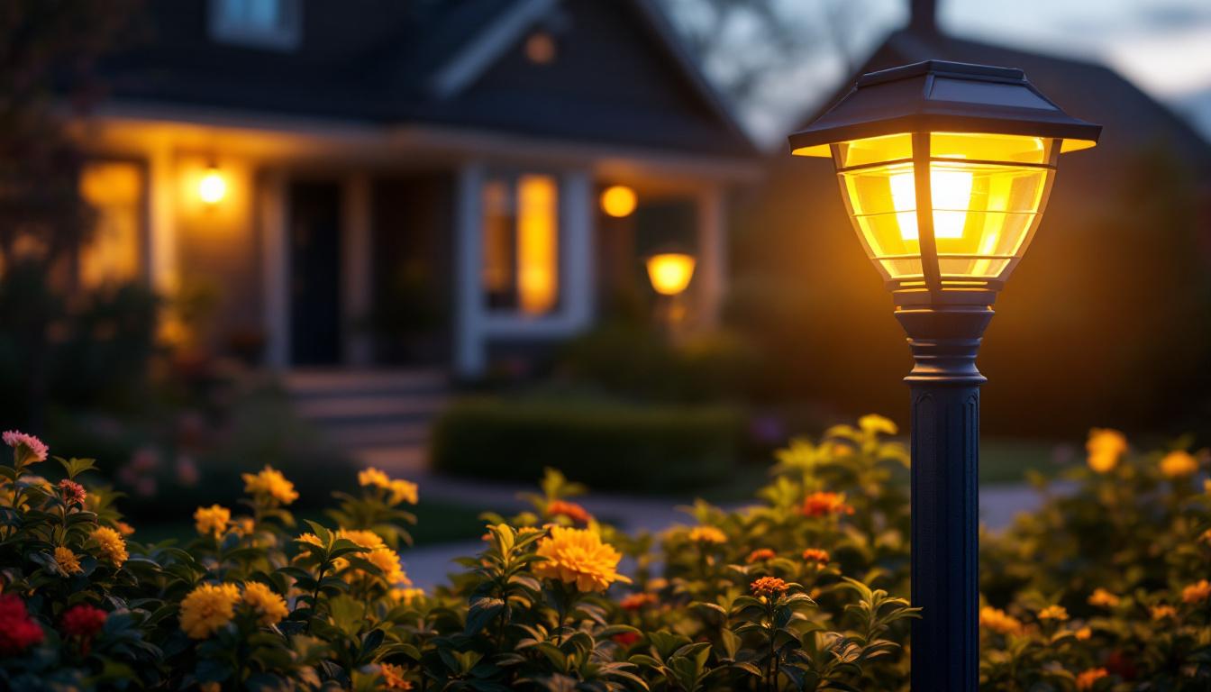 A photograph of a beautifully illuminated mailbox post light in a serene evening setting