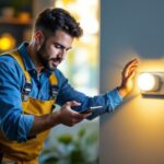 A photograph of a lighting contractor installing an automatic light sensor switch in a residential setting