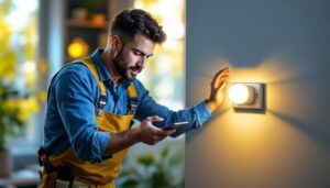 A photograph of a lighting contractor installing an automatic light sensor switch in a residential setting