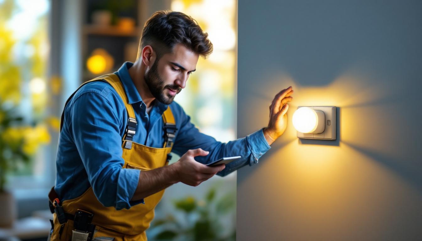 A photograph of a lighting contractor installing an automatic light sensor switch in a residential setting