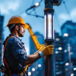 A photograph of a lighting contractor expertly installing led pole lights in an urban setting