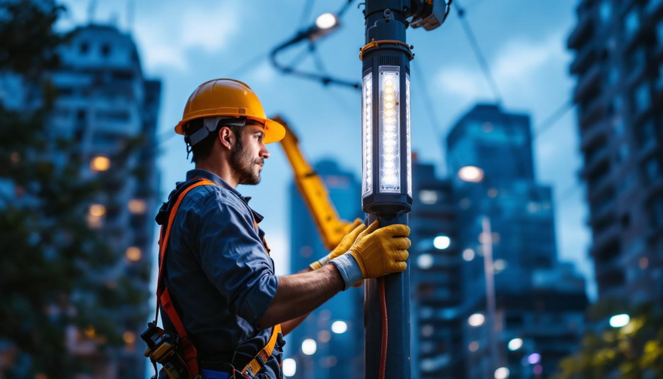 A photograph of a lighting contractor expertly installing led pole lights in an urban setting
