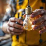 A photograph of a close-up of a light bulb with prongs being installed by a contractor in a well-lit workspace