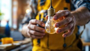 A photograph of a close-up of a light bulb with prongs being installed by a contractor in a well-lit workspace