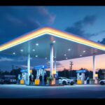 A photograph of a well-lit gas station at dusk