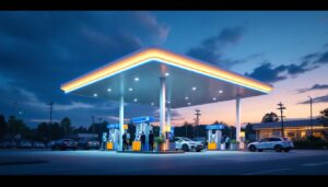 A photograph of a well-lit gas station at dusk