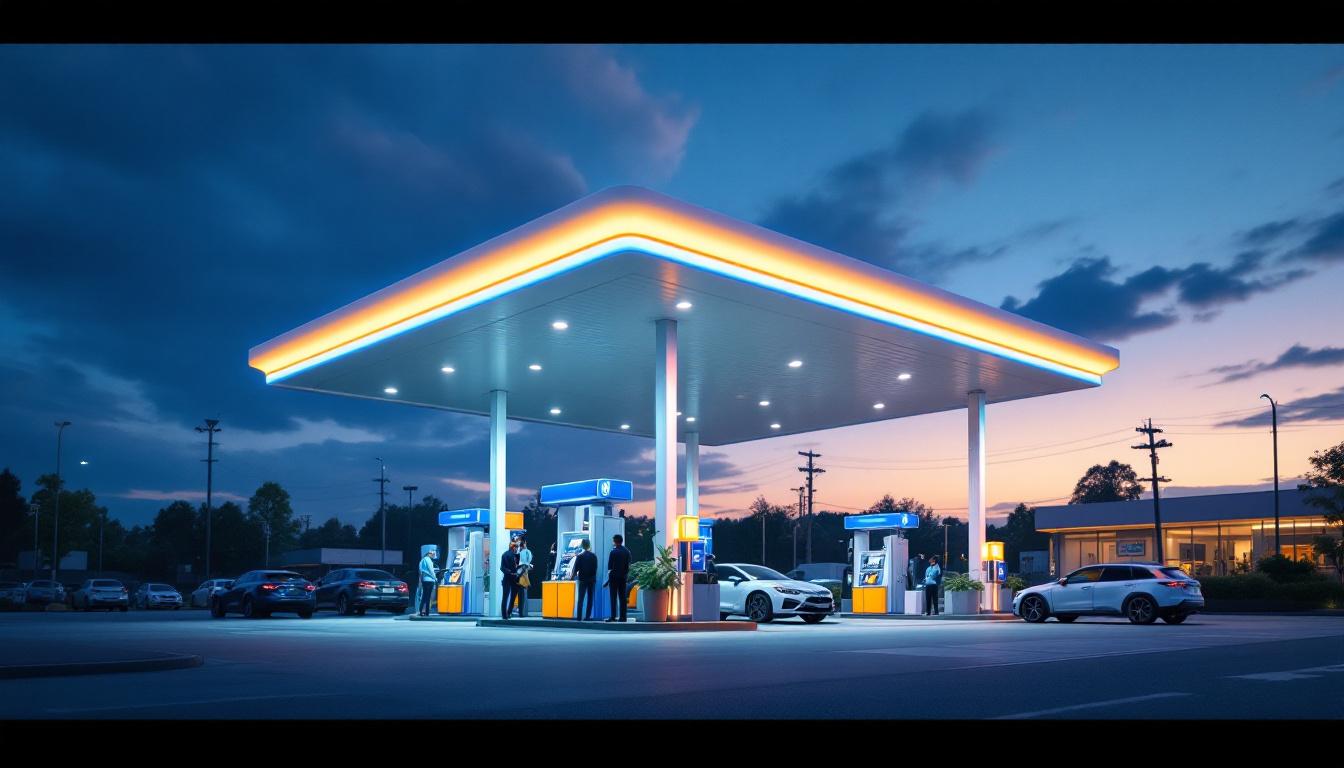 A photograph of a well-lit gas station at dusk