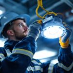 A photograph of a lighting contractor installing or inspecting a ballast in a commercial lighting fixture