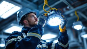 A photograph of a lighting contractor installing or inspecting a ballast in a commercial lighting fixture