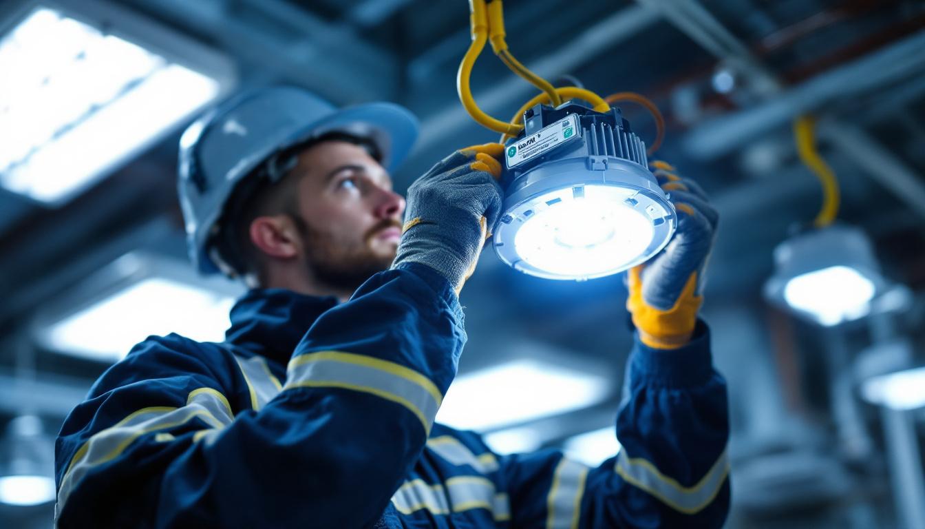 A photograph of a lighting contractor installing or inspecting a ballast in a commercial lighting fixture