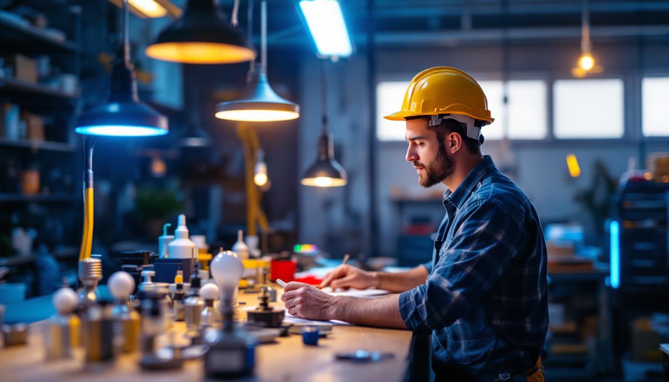 A photograph of a lighting contractor examining various uv light fixtures in a well-lit workshop