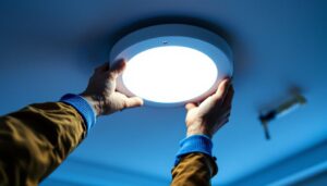 A photograph of a skilled electrician installing a led conversion kit in a modern recessed lighting fixture