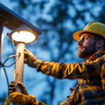 A photograph of a lighting contractor installing a solar lamp pole light in an outdoor setting