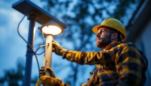 A photograph of a lighting contractor installing a solar lamp pole light in an outdoor setting