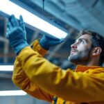 A photograph of a lighting contractor installing a sleek led fluorescent replacement fixture in a commercial space