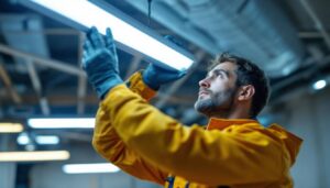 A photograph of a lighting contractor installing a sleek led fluorescent replacement fixture in a commercial space