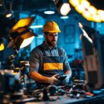 A photograph of a skilled lighting contractor at work