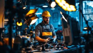 A photograph of a skilled lighting contractor at work
