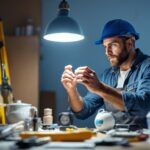 A photograph of a lighting contractor examining a poorly installed light fixture