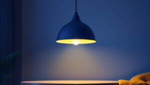 A photograph of a stylish led hanging light fixture elegantly illuminated in a modern interior setting