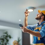 A photograph of a skilled lighting contractor installing stylish ceiling can lights in a modern home setting