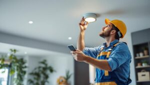 A photograph of a skilled lighting contractor installing stylish ceiling can lights in a modern home setting
