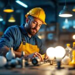 A photograph of a lighting contractor in action