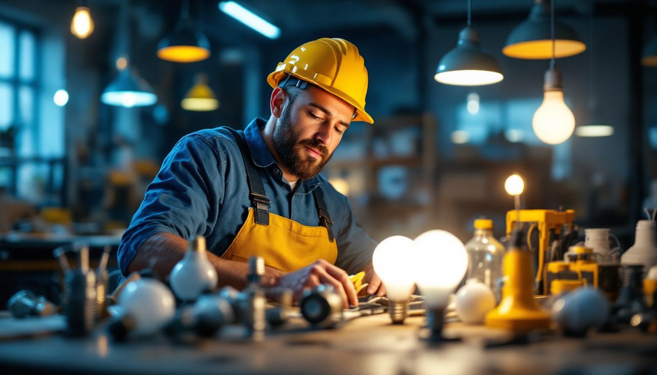 A photograph of a lighting contractor in action